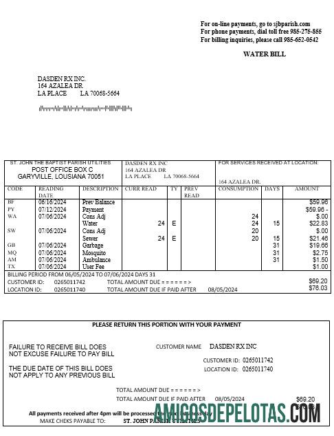 EUA Louisiana Paróquia de São João Batista Conta de serviços públicos de água em formatos Word e PDF baixar para verificação